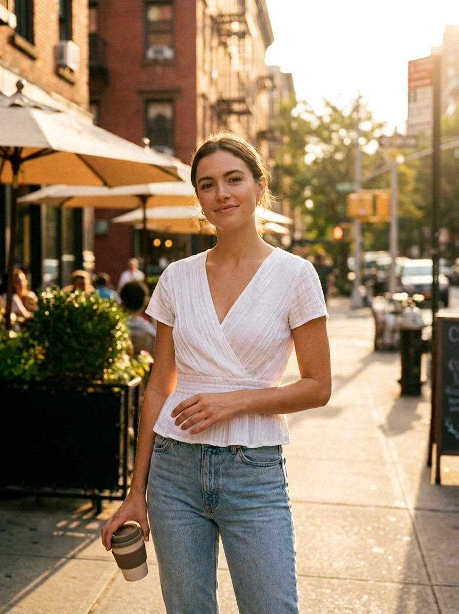 Cross-over collar pleated t-shirt, three-quarter view