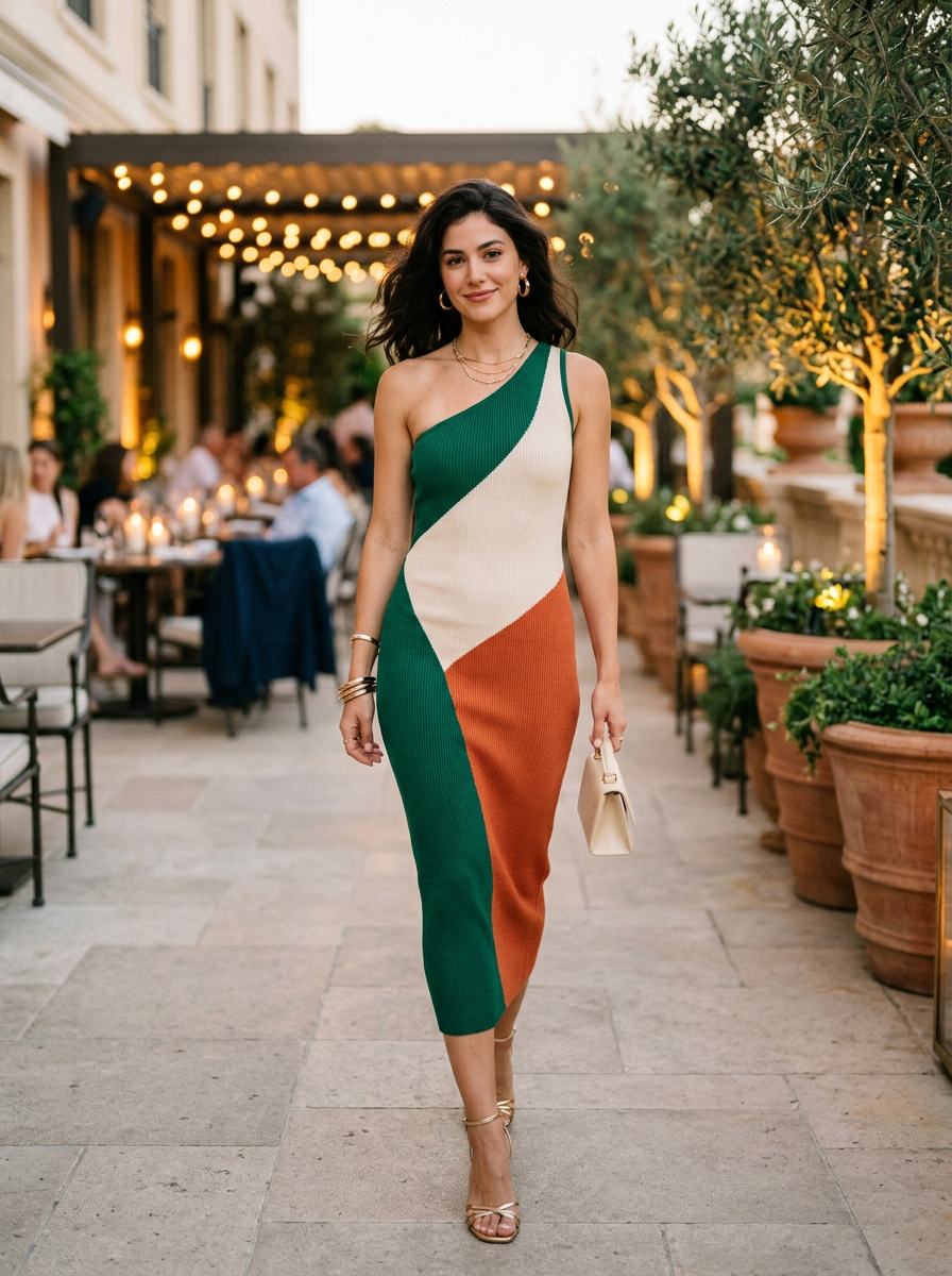 Woman wearing a color block one-shoulder knit dress, front