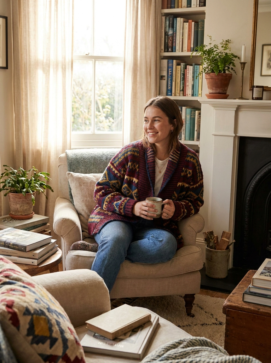 Woman wearing a patterned jacquard knit cardigan, front