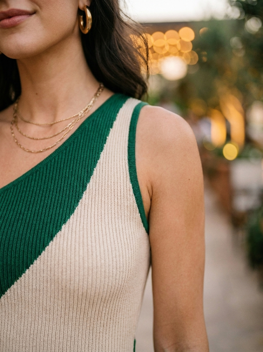 Close-up of the color block knit and one-shoulder neckline