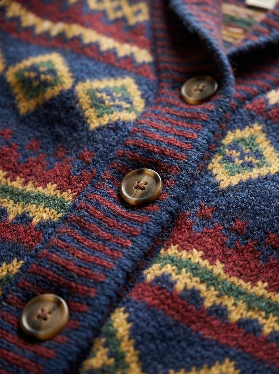 Close-up of the jacquard knit pattern and buttons
