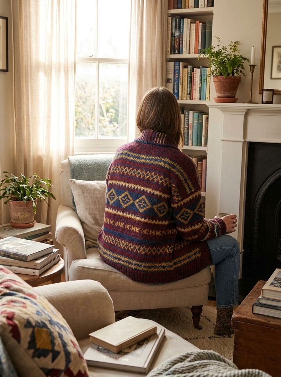 Patterned knit cardigan, back view
