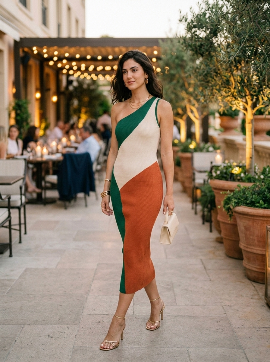 Color block one-shoulder knit dress, three-quarter view
