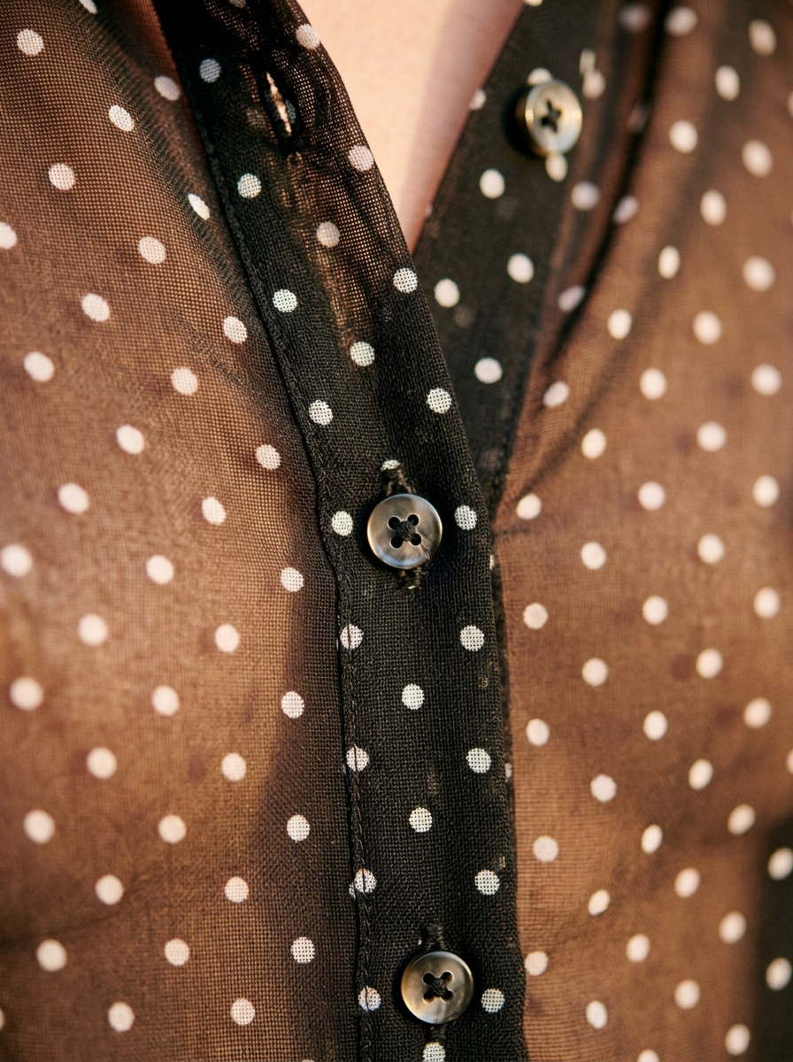 Close-up of the polka dot sheer fabric and buttons