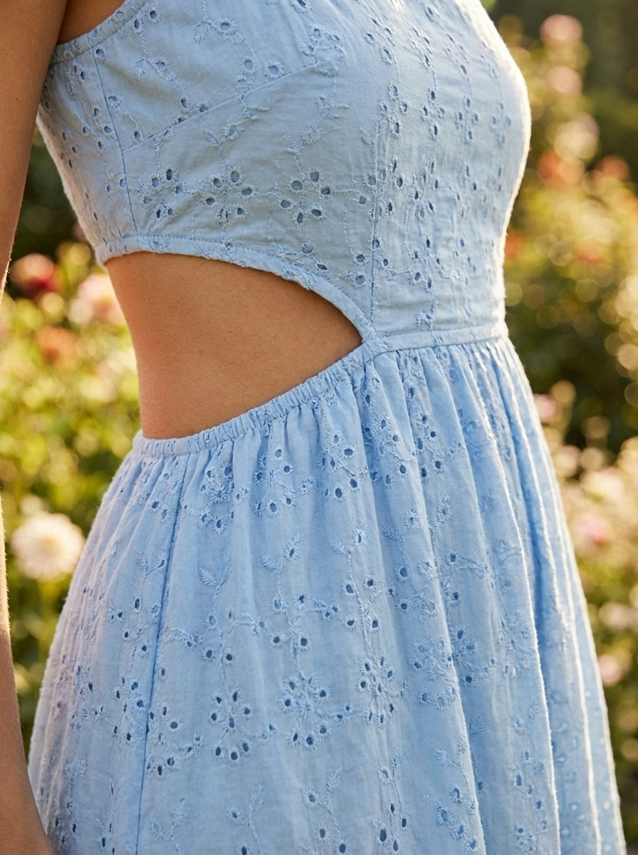 Close-up of the eyelet embroidery and waist cutout