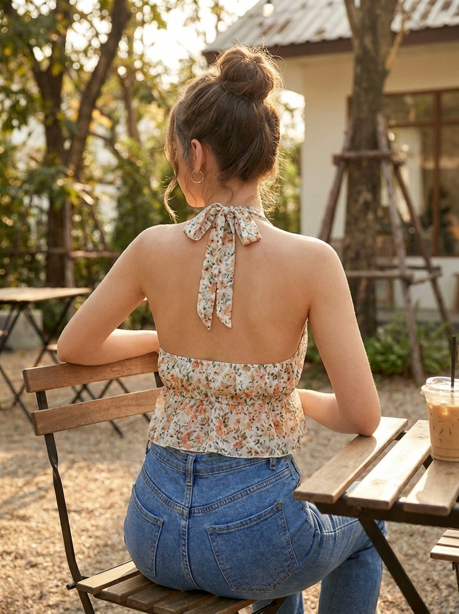 Floral halter tie-front crop top, back view