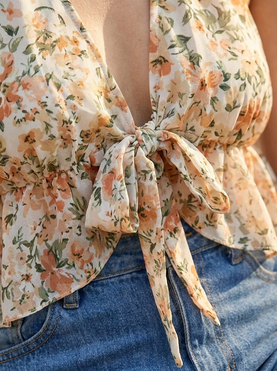 Close-up of the floral print and tie-front detail
