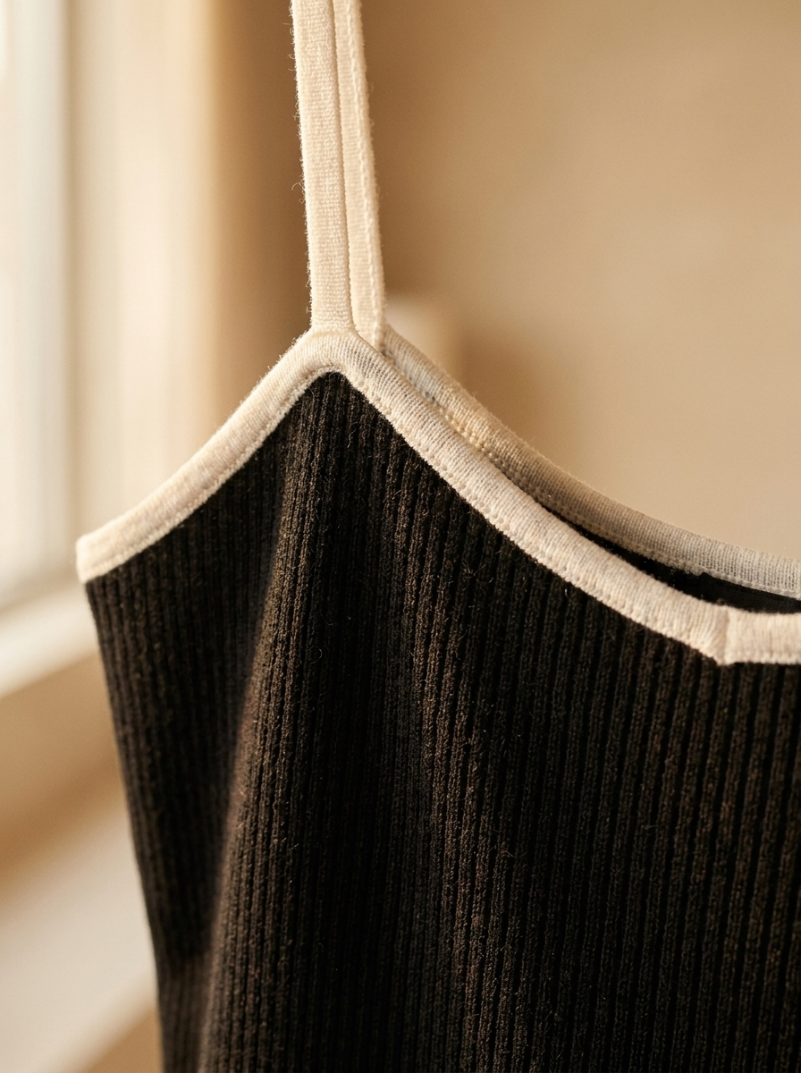 Close-up of the knit texture and contrast trim straps