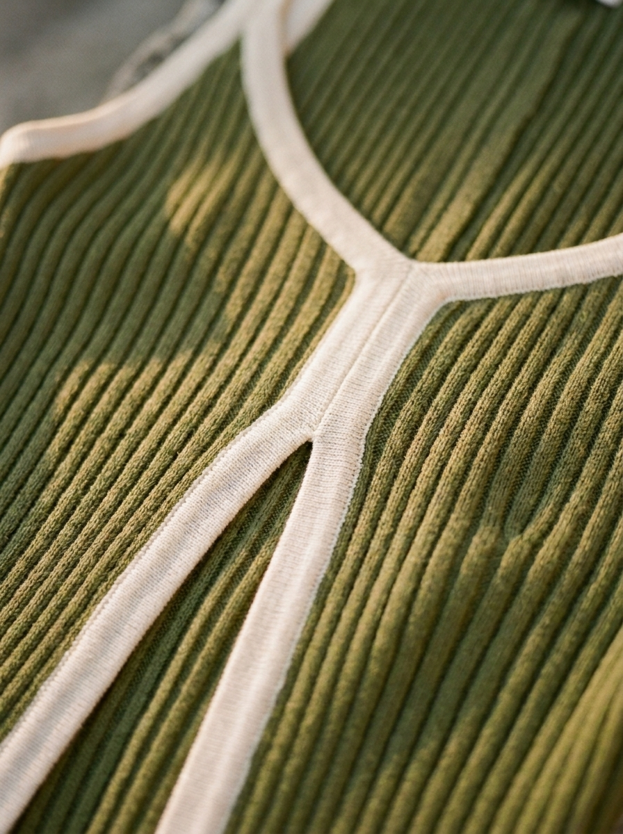 Close-up of the ribbed knit, contrast trim and front slit