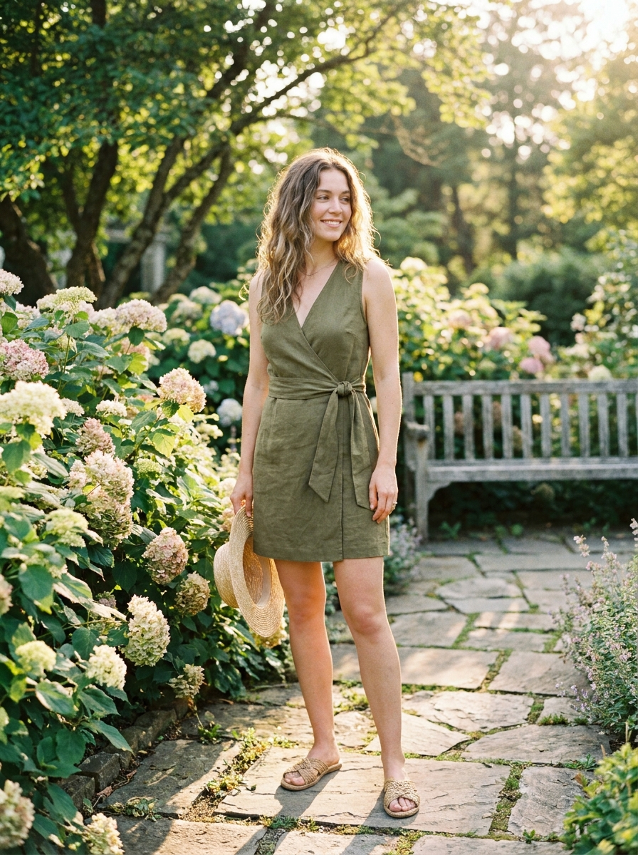 Woman wearing a green cotton linen wrap-tie sleeveless mini dress, front