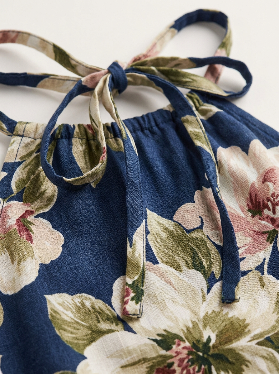 Close-up of the floral print and halter tie