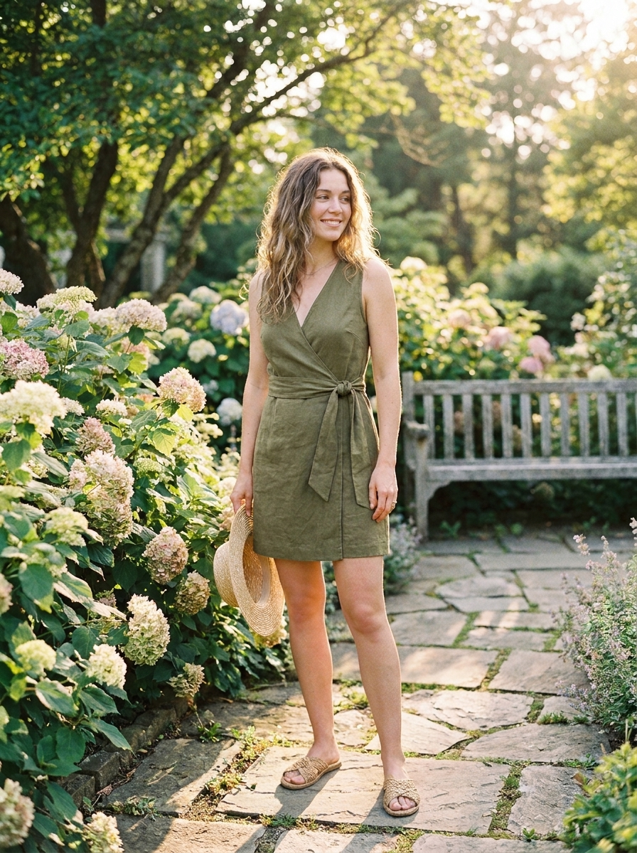 Cotton linen wrap-tie mini dress, three-quarter view