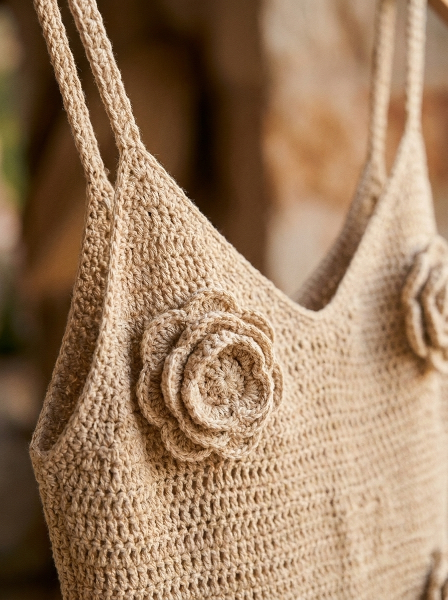Close-up of the 3D flower crochet knit texture