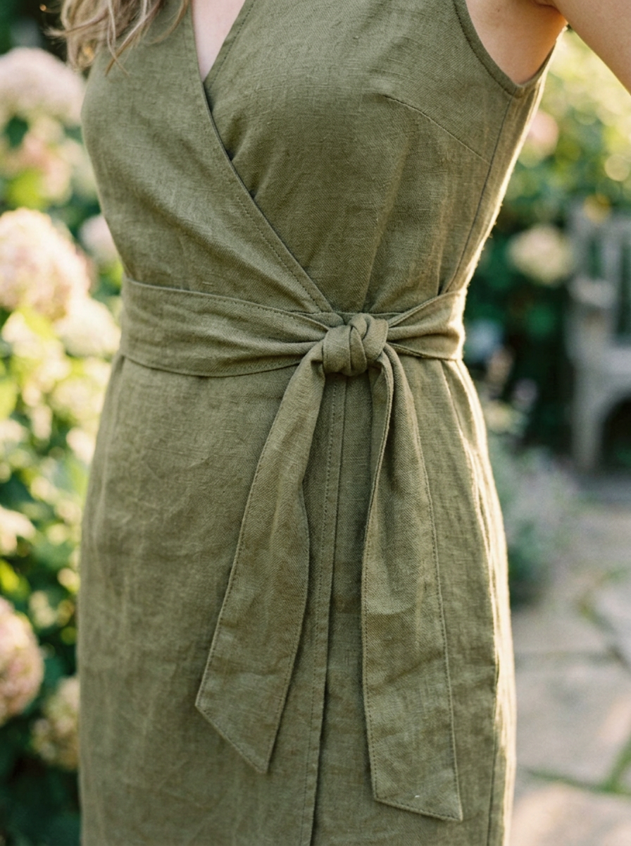 Close-up of the cotton linen fabric and wrap-tie waist