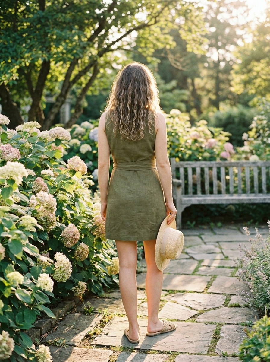 Cotton linen wrap-tie mini dress, back view