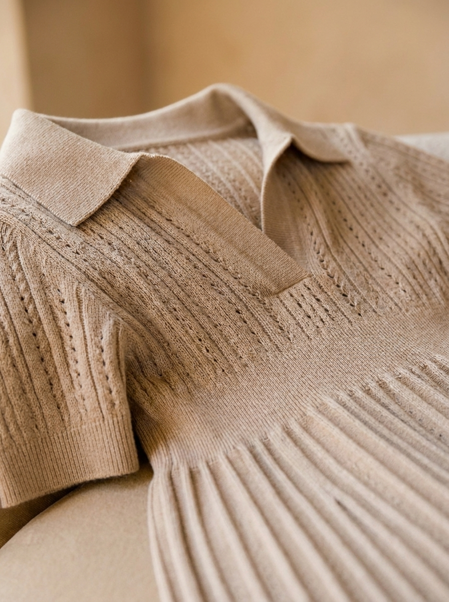Close-up of the polo collar, pointelle knit and pleats