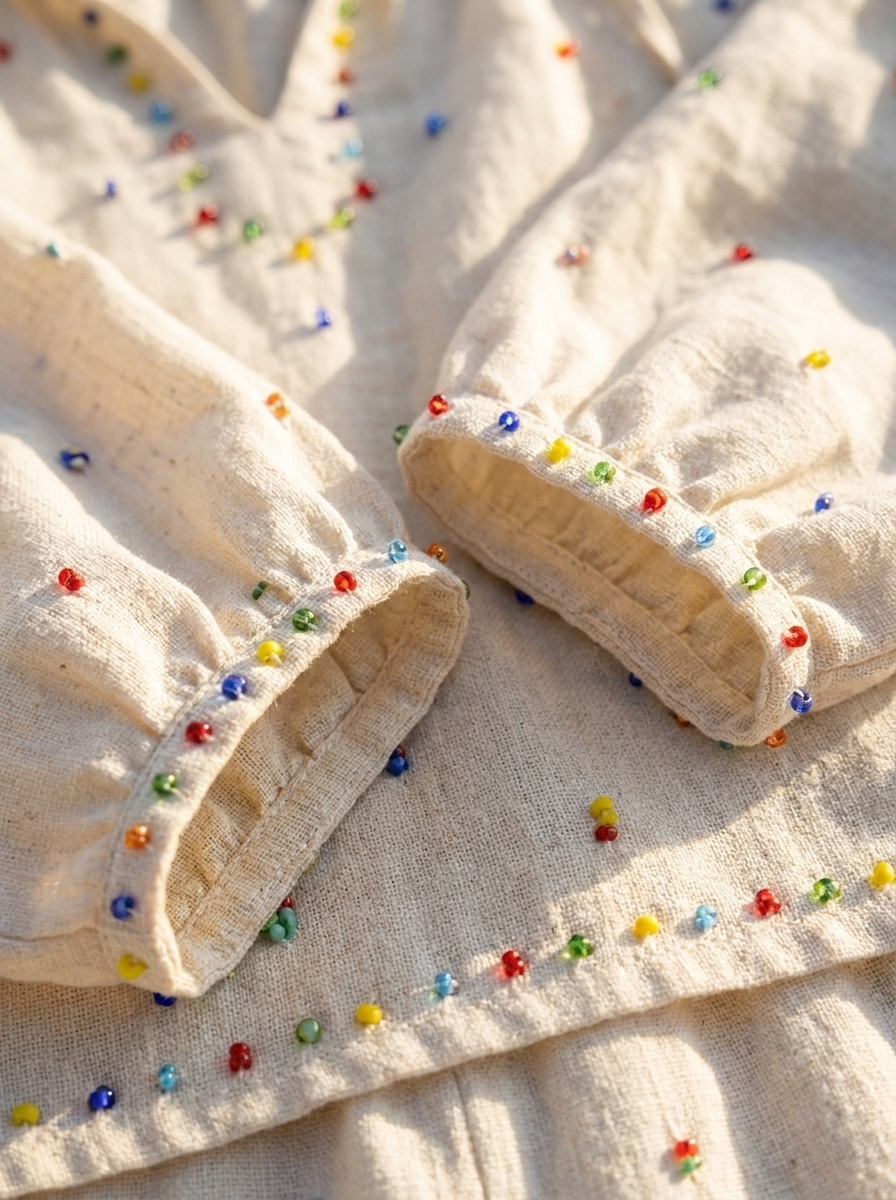 Close-up of the beading detail and linen fabric