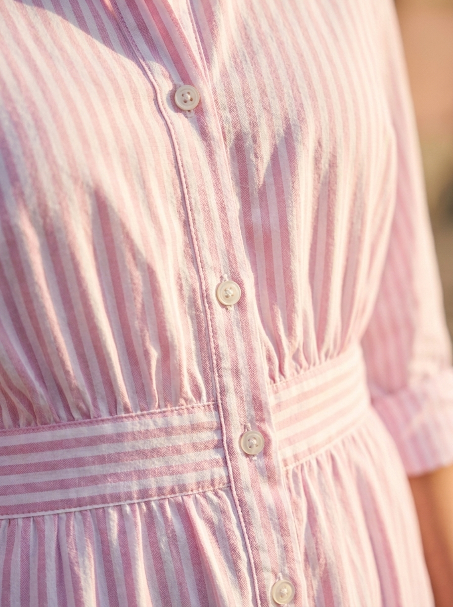 Close-up of the stripe fabric, buttons and cinched waist