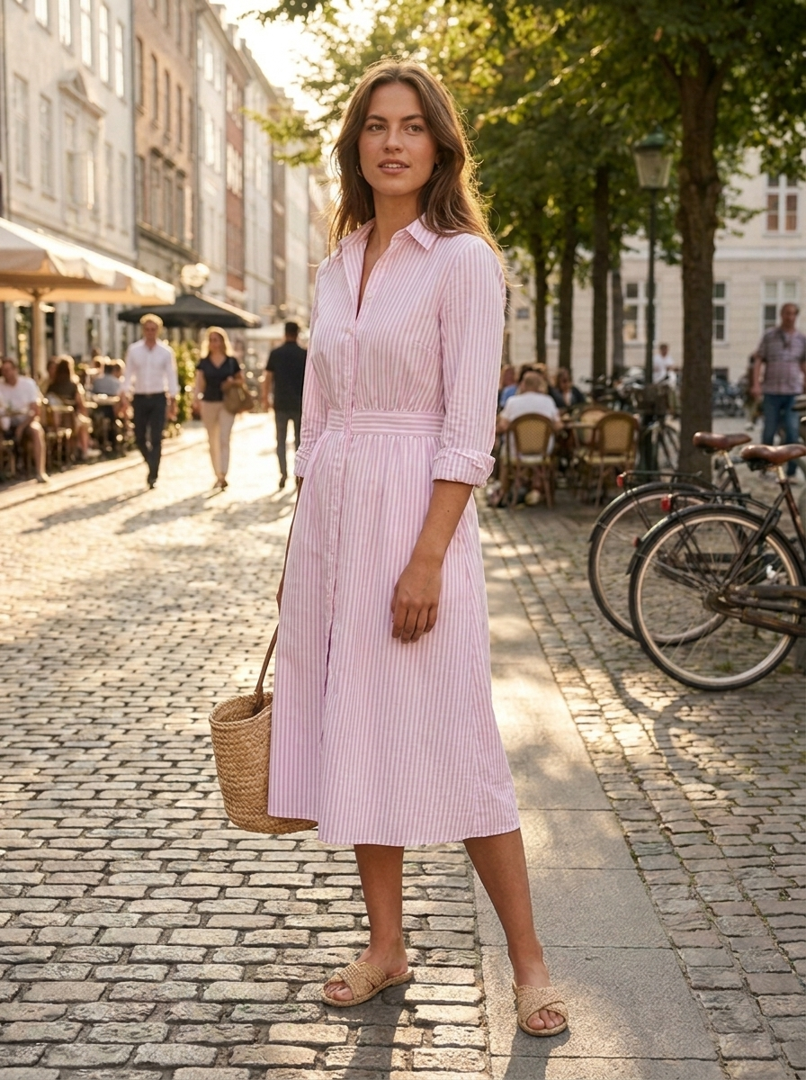 Striped cinched-waist shirt dress, three-quarter view