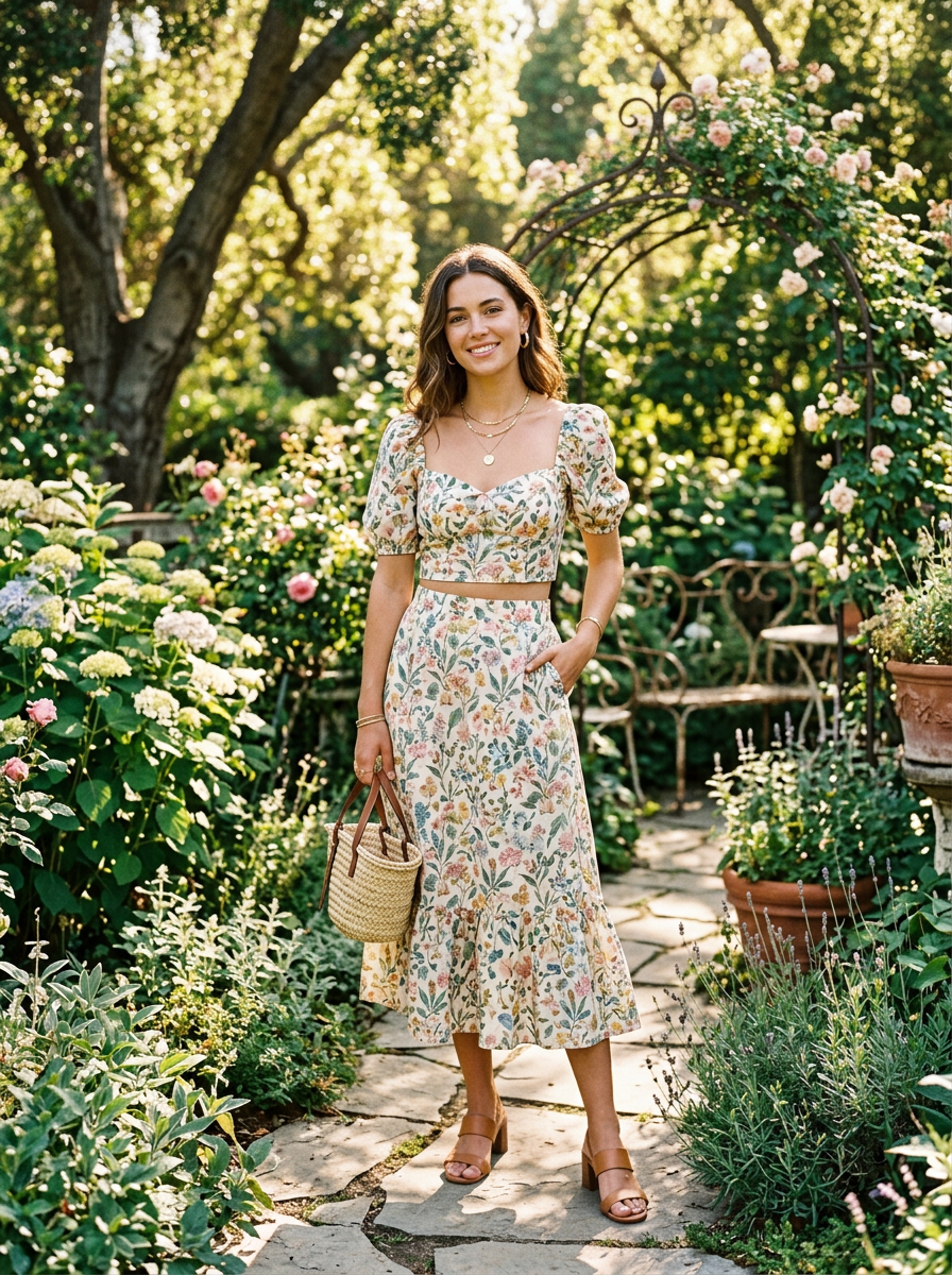 Woman wearing a floral print two-piece dress set, front