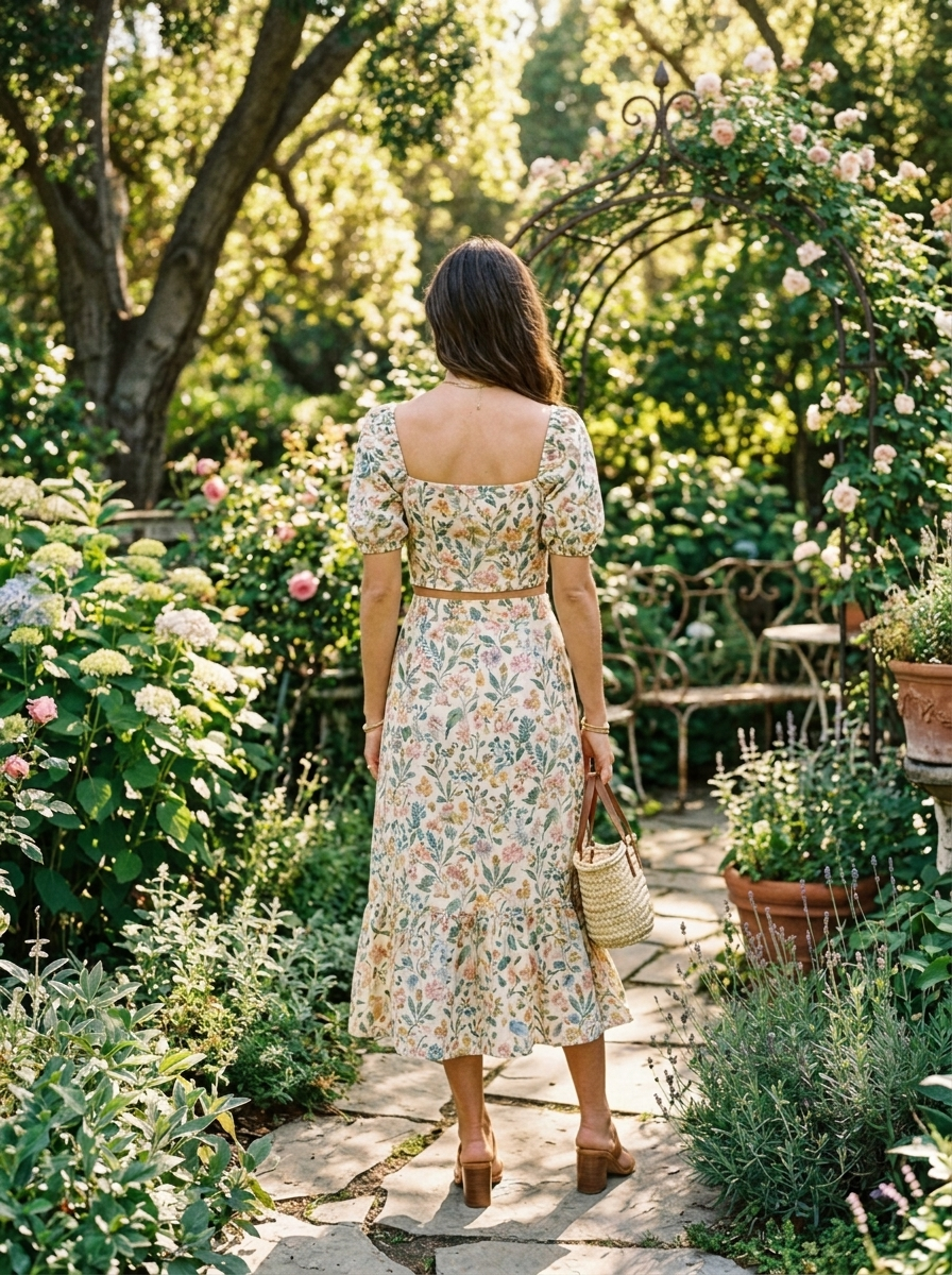 Floral print two-piece dress set, back view