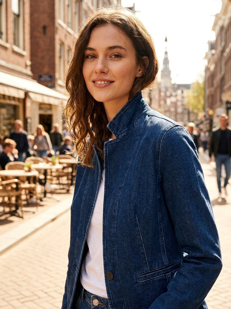 Woman wearing a blue stand-collar denim jacket, front