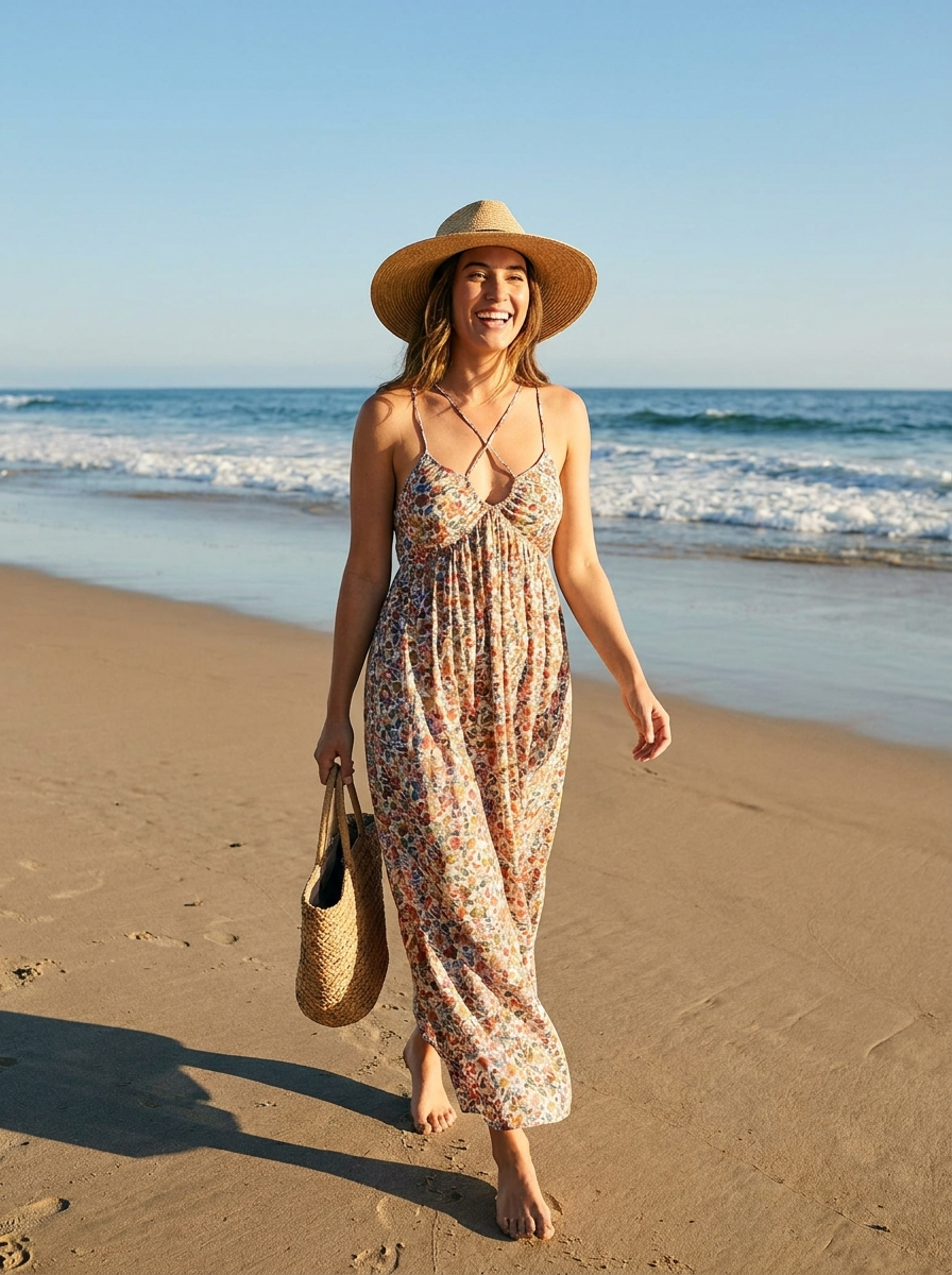 Woman wearing a strappy floral crisscross maxi sundress, front