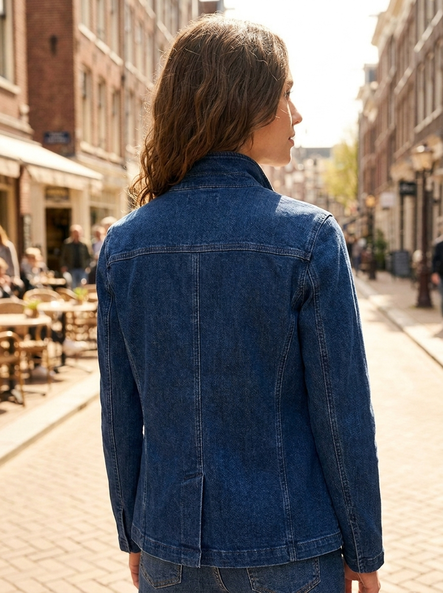 Stand-collar denim jacket, back view