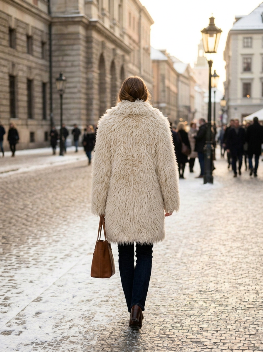 Shaggy faux fur coat, back view