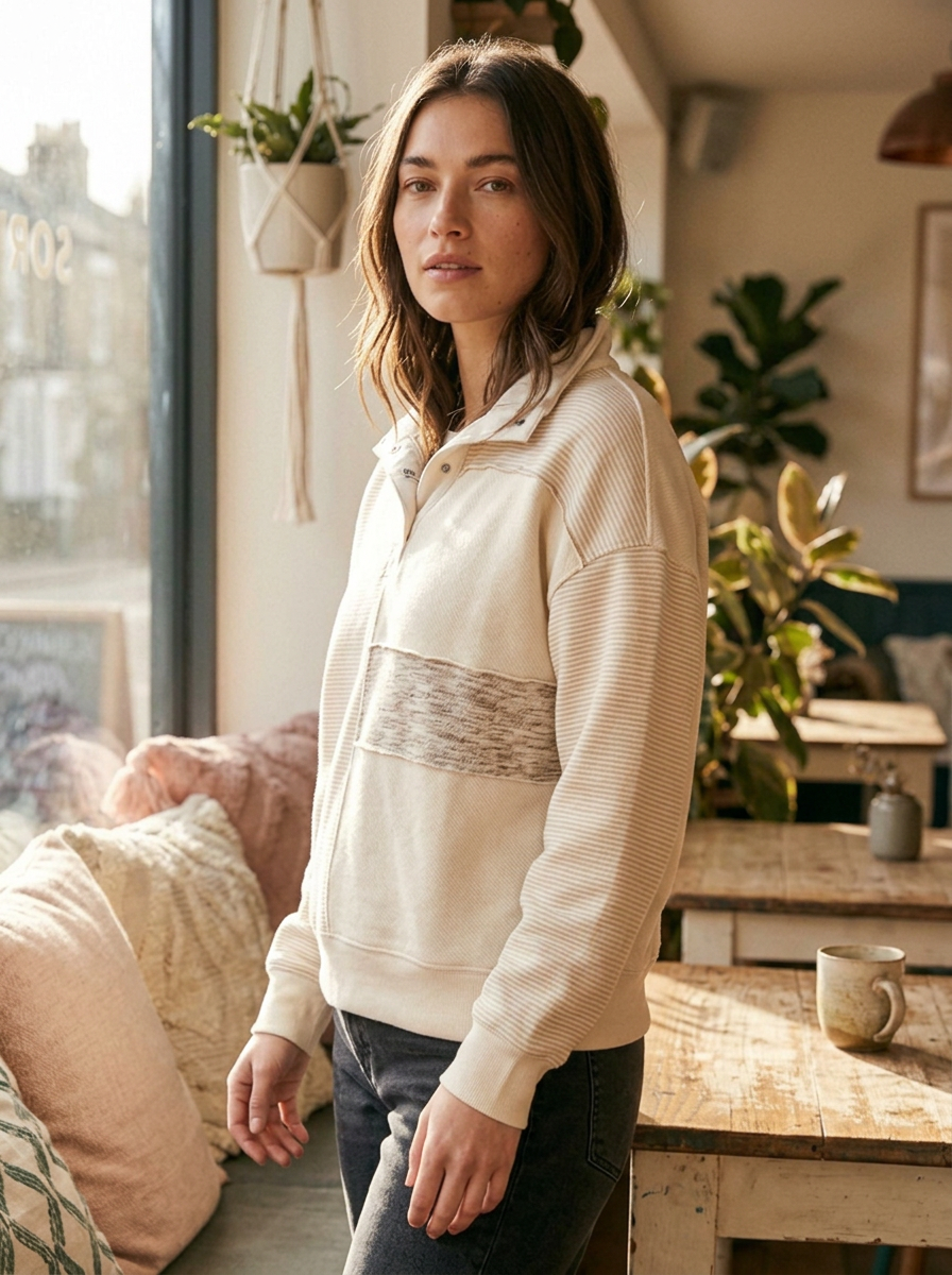 Striped patchwork faux two-piece sweatshirt, three-quarter view
