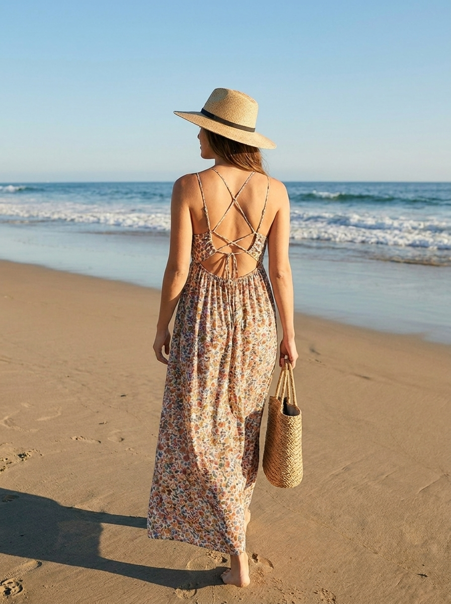 Floral crisscross maxi sundress, crisscross back view