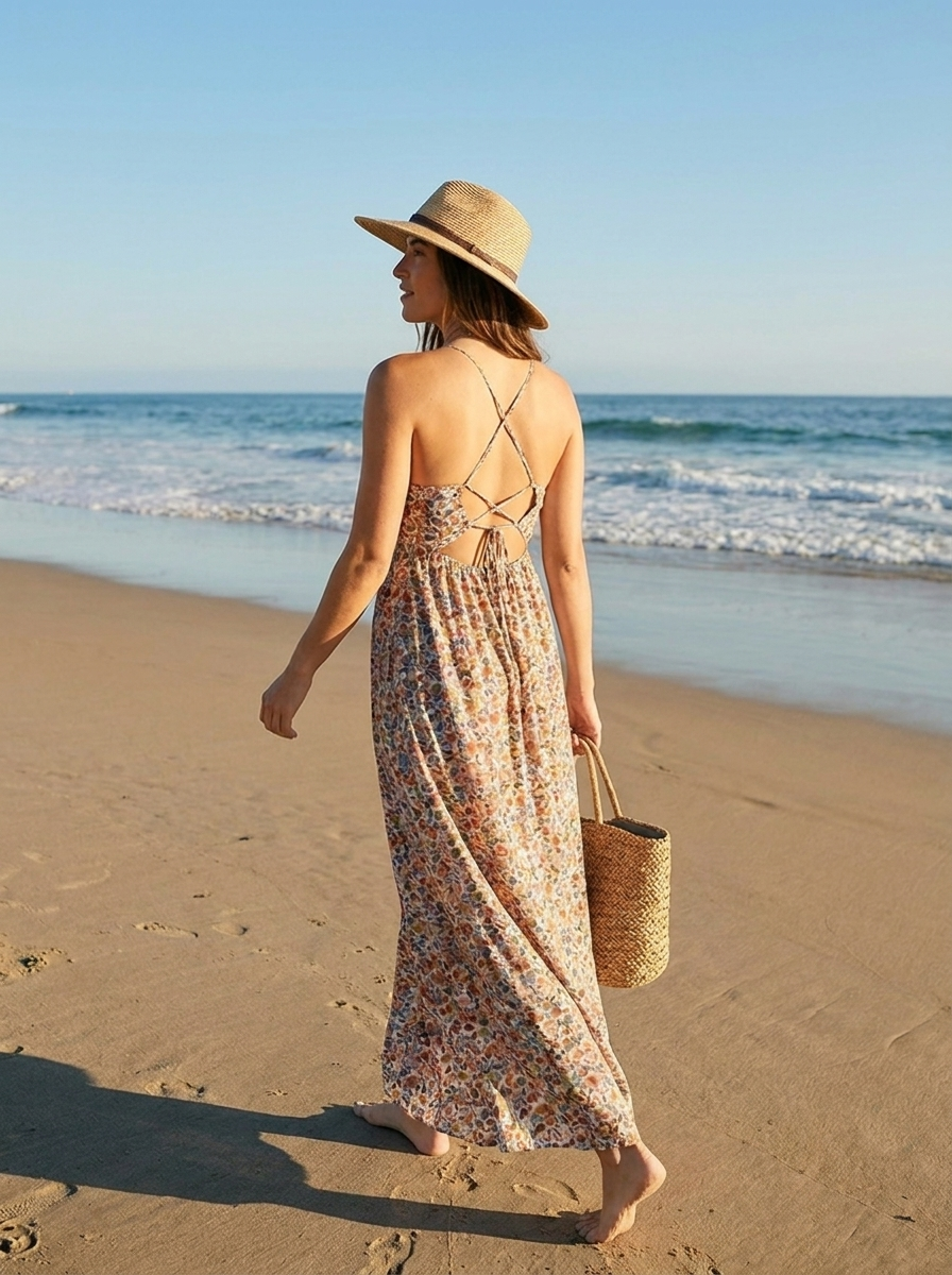 Floral crisscross maxi sundress, three-quarter view