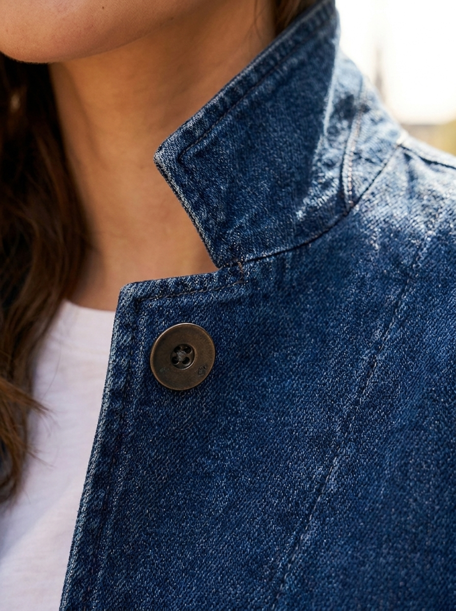 Close-up of the stand collar and denim