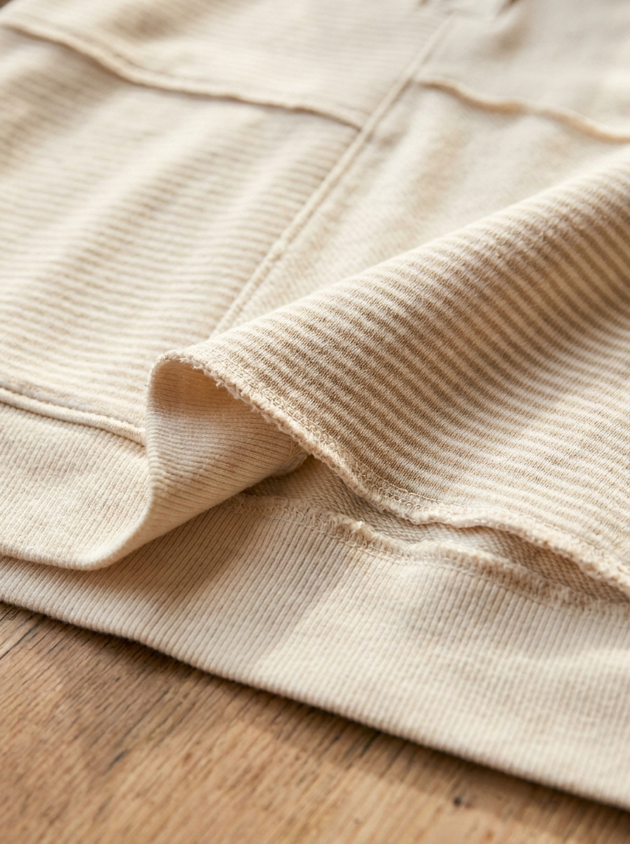 Close-up of the striped patchwork fabric and layered hem