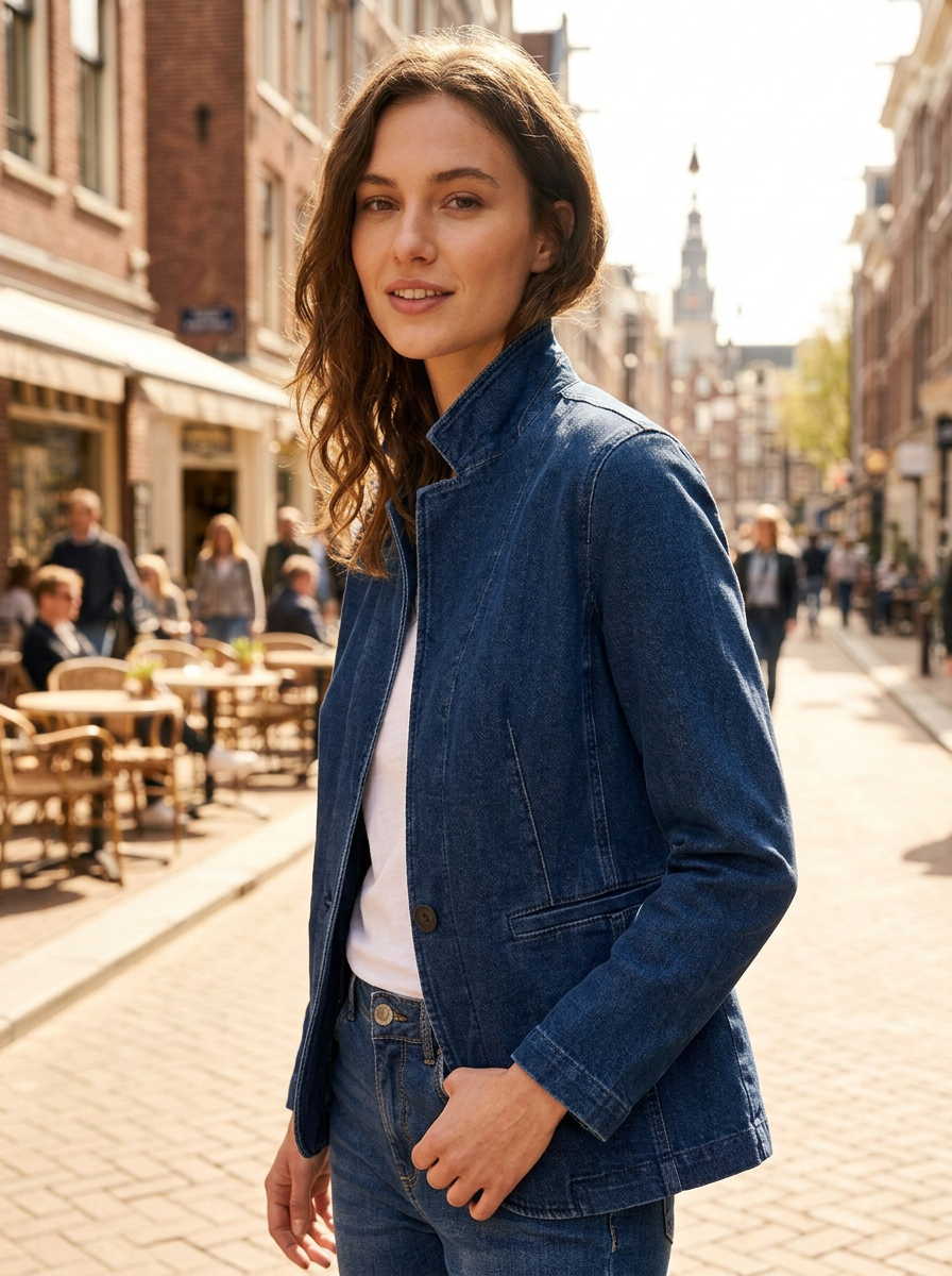 Stand-collar denim jacket, three-quarter view