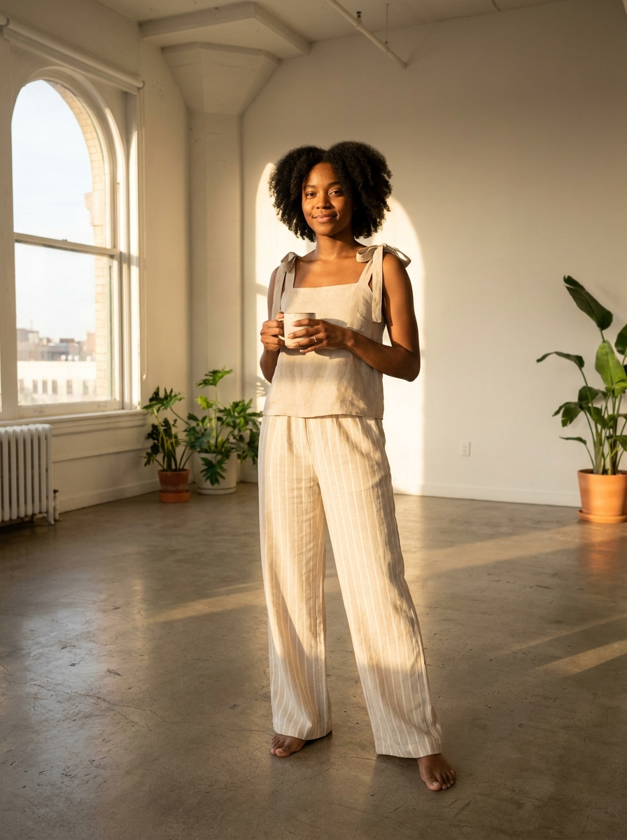Woman wearing a beige tie-shoulder striped top and wide-leg pants set, front