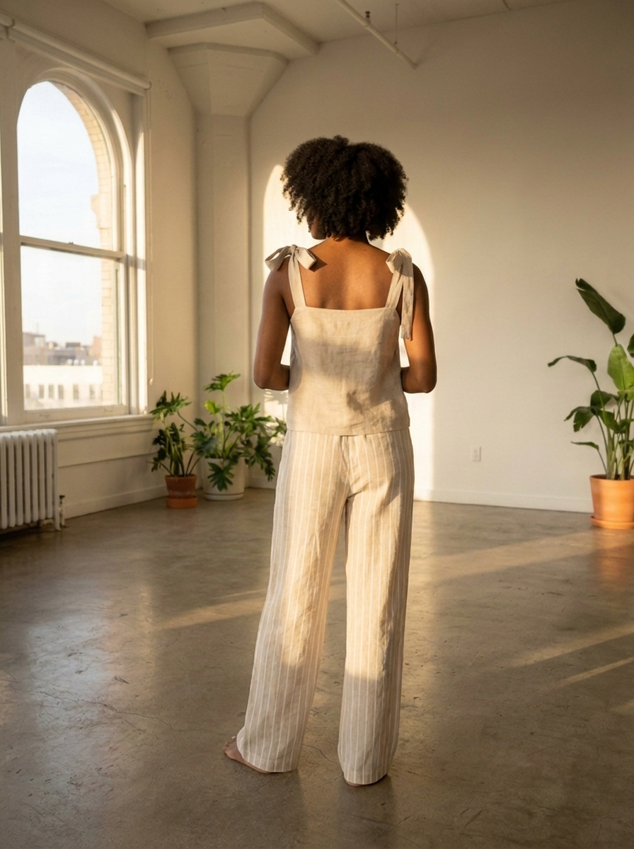 Tie-shoulder striped top and wide-leg pants set, back view