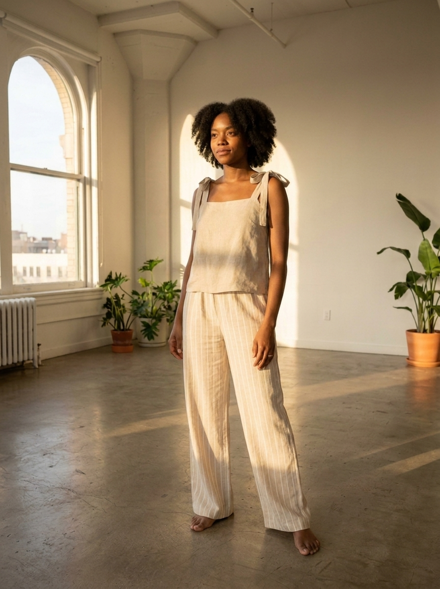 Tie-shoulder striped top and wide-leg pants set, three-quarter view