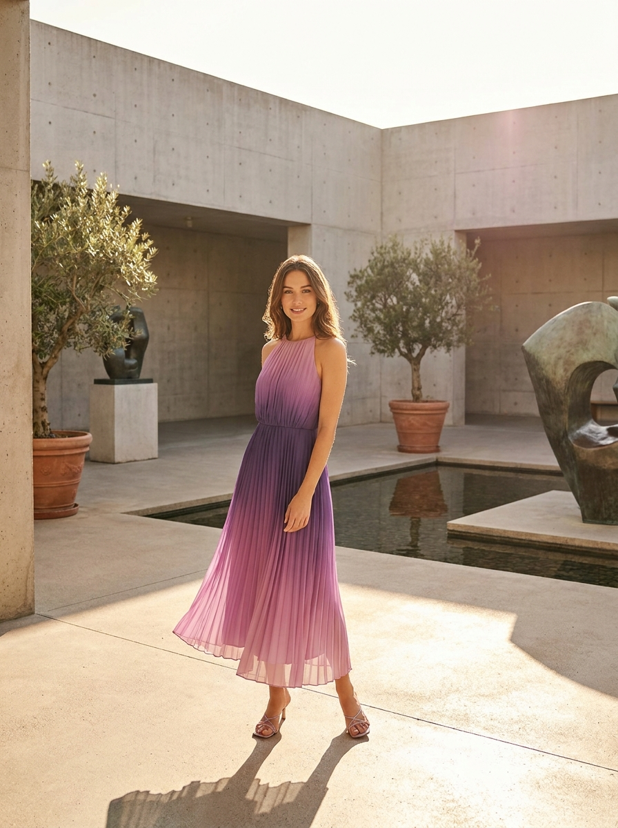 Women's purple gradient sleeveless pleated midi dress, full body front view