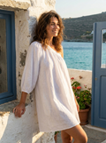 Women's white cotton linen one-shoulder mini dress, full body front view