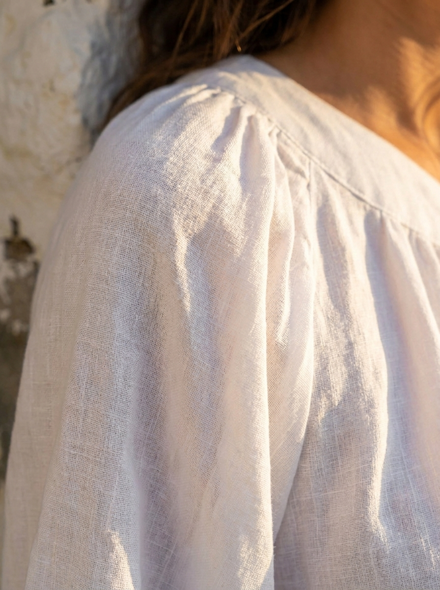 Close-up of the woven cotton linen texture and single-sleeve shoulder detail