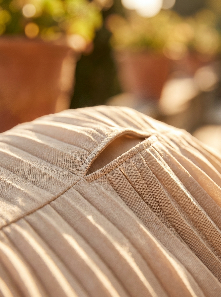Close-up of the keyhole collar and pleated fabric texture