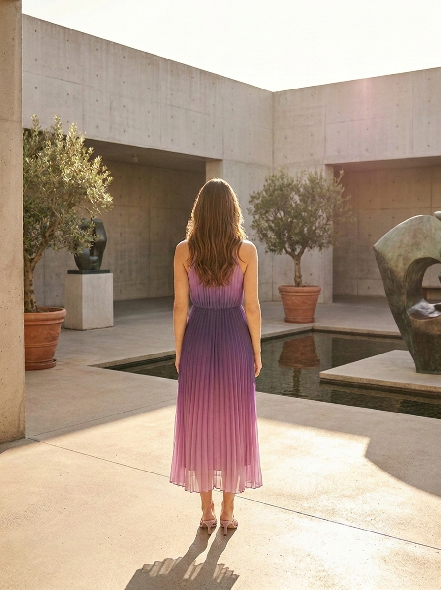 Back view of the gradient sleeveless pleated midi dress
