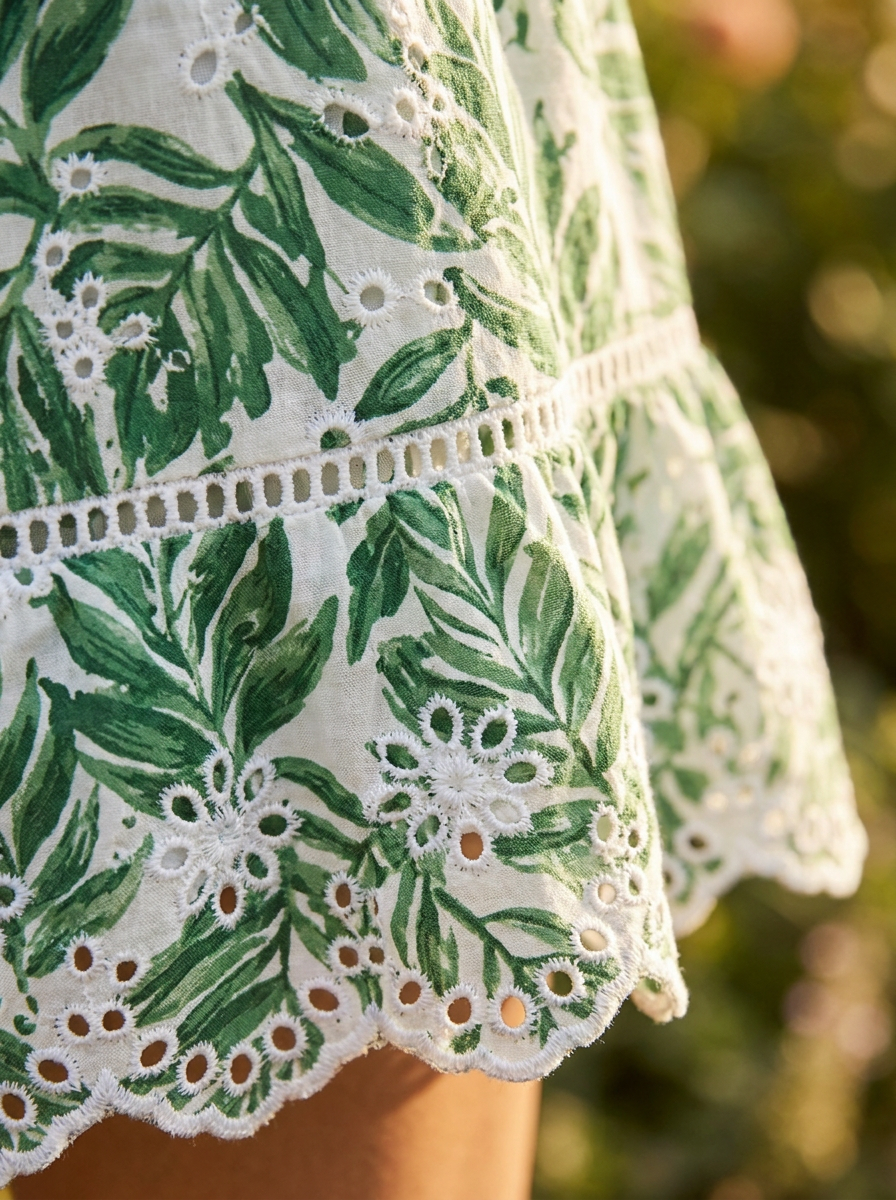 Close-up of the eyelet trim and leaf print