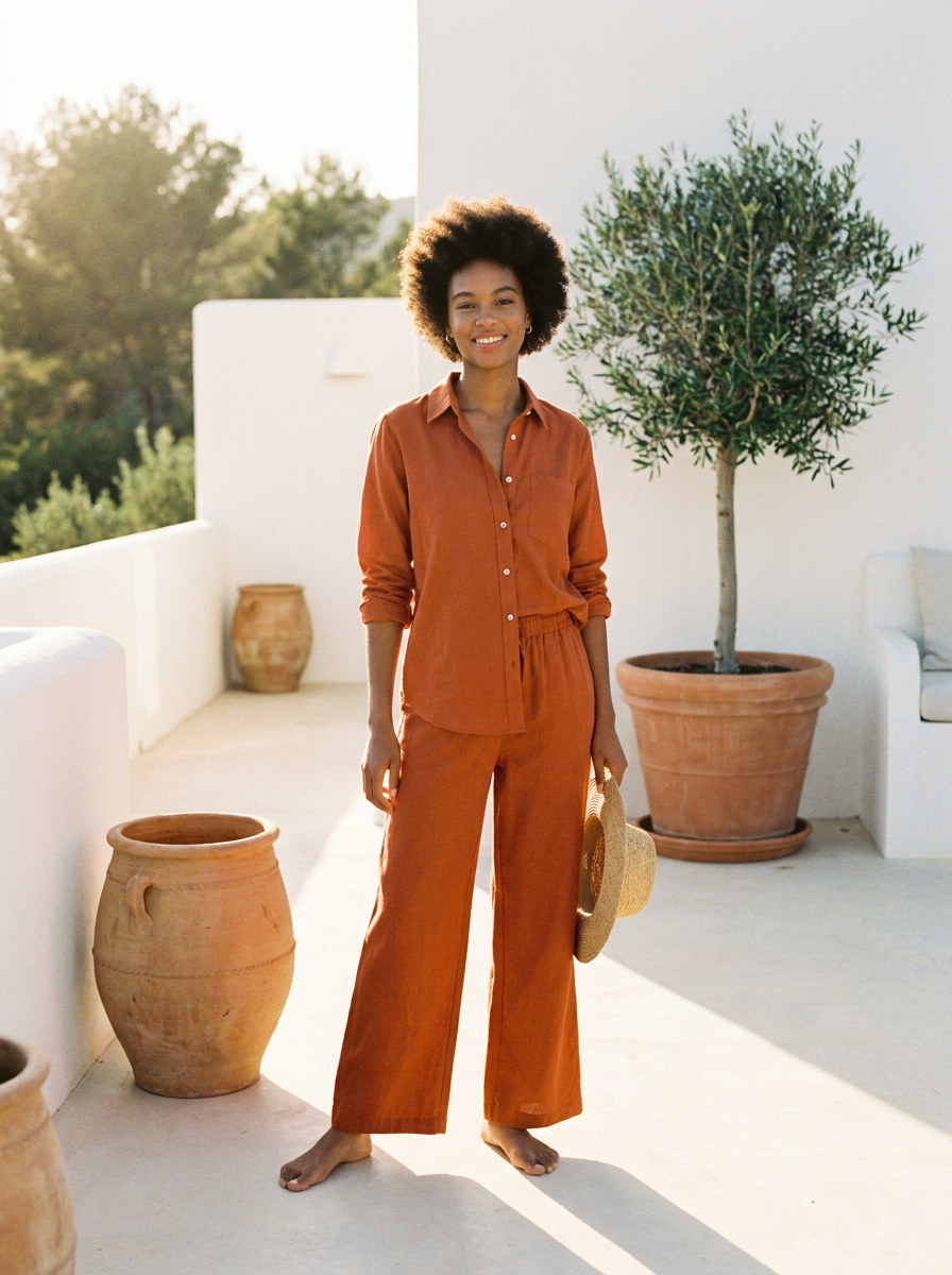 Woman wearing an orange cotton linen top and wide-leg pants set, front