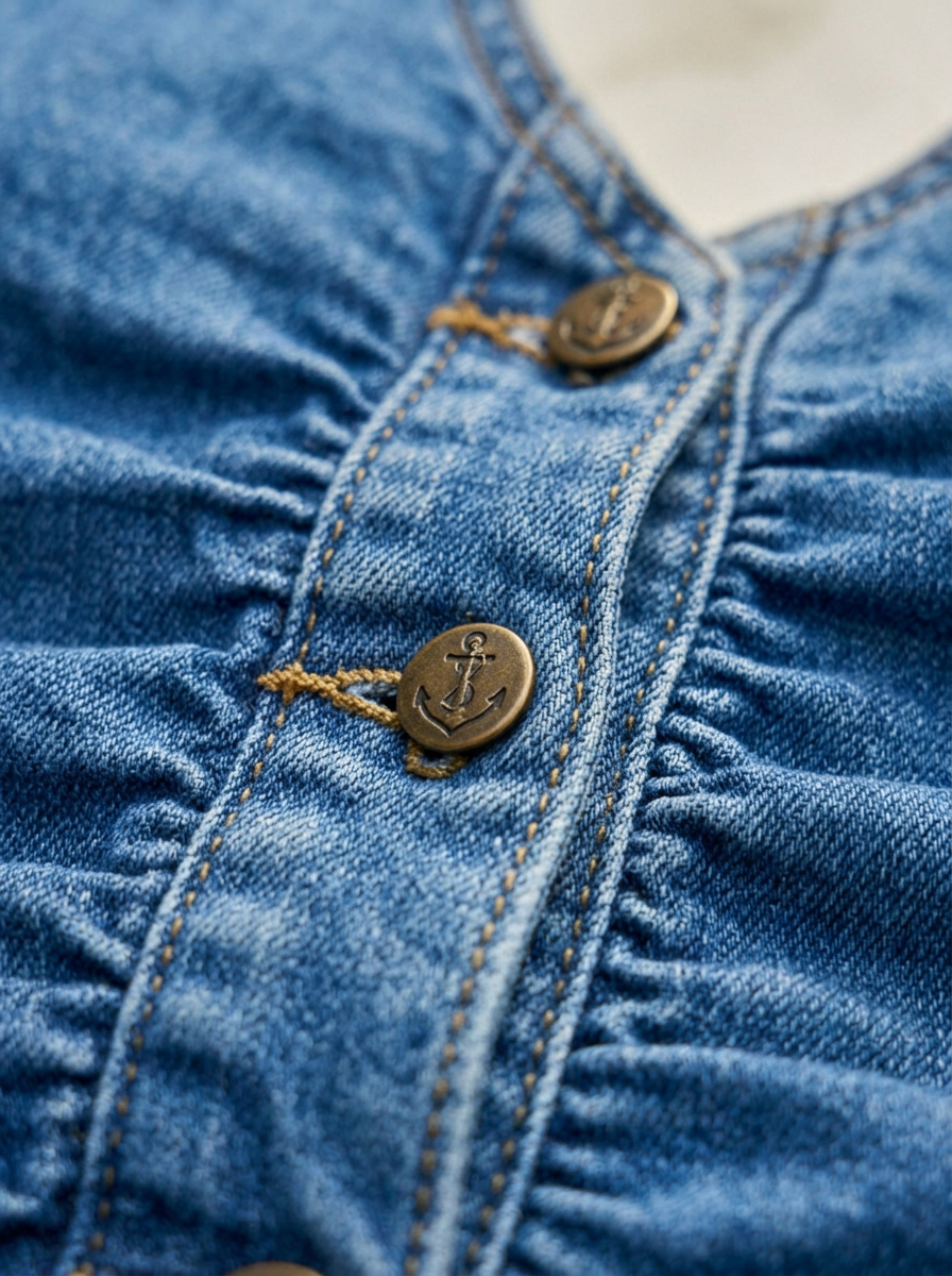 Close-up of the metal buttons and ruched denim