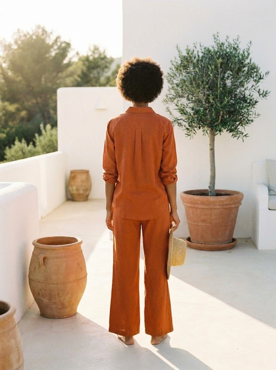 Cotton linen top and wide-leg pants set, back view