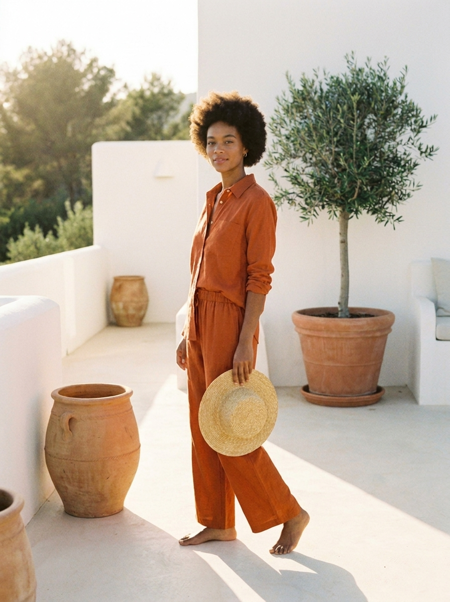 Cotton linen top and wide-leg pants set, three-quarter view