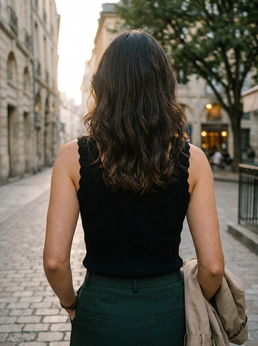 Ribbed scallop trim knit tank top, back view