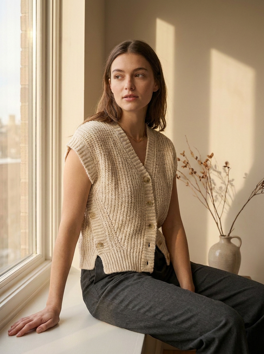 Textured asymmetric buttoned vest, three-quarter view